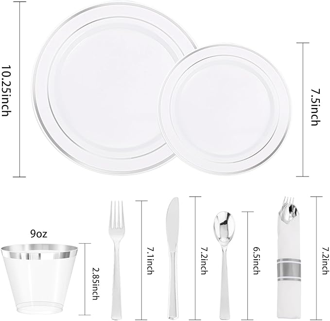 DaYammi 210PCS Silver Plastic Dinnerware Set for 30 Guests, Fancy Disposable Plates for Party, Include: 30 Dinner Plates, 30 Dessert Plates, 30 Pre Rolled Napkins with Silver Silverware, 30 Cups