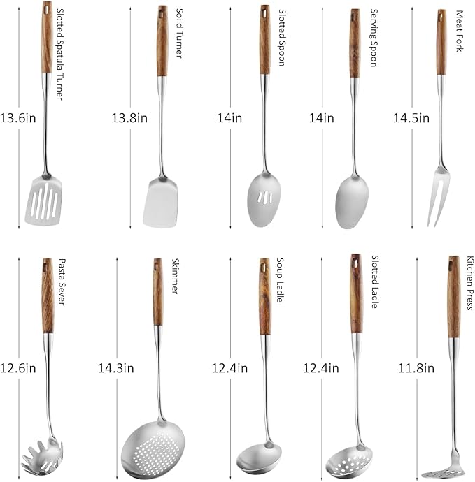10 Pcs Cooking Utensils Set 304 Stainlss Steel Kitchen Utensils Set Heat Resistant Wooden Handle Kitchen Tools Metal Kitchen Utensil Soup Ladle Set, Dishwasher Safe