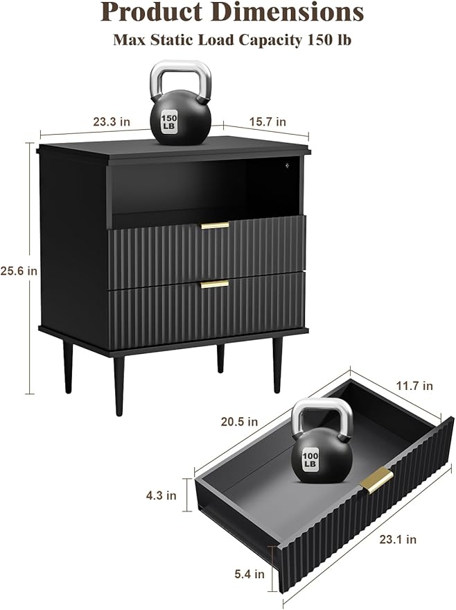 Modern Nightstand with Charging Station, 2 Drawers Fluted Wood Bedside Table with USB, Type-C & Outlets, Metal Legs, Storage Dresser for Bedroom or Living Room (Ink Black, 23.3")