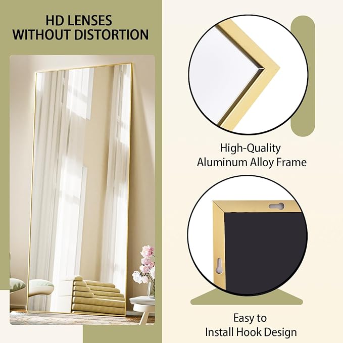 BEAUTYPEAK Gold Full Length Mirror, 58"x18" Standing Hanging or Leaning Against Wall Floor Mirrors Body Dressing Wall-Mounted for Living Room, Bedroom with Aluminum Alloy Thin Frame