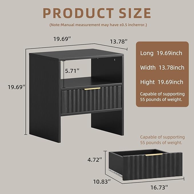 Night Stand with Drawer Open Storage Shlef Modern Badside Stand End Table Fluted Mid Century Nightstand for Bedroom Living Room Sofa Couch Home Office Black