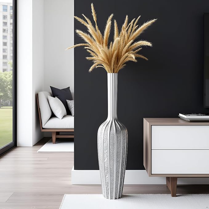 Elegant Silver Floor Vase - 23.62 Inch Tall Decorative Vase for Dried Flowers & Home Décor, Resin Tall Floor Vase