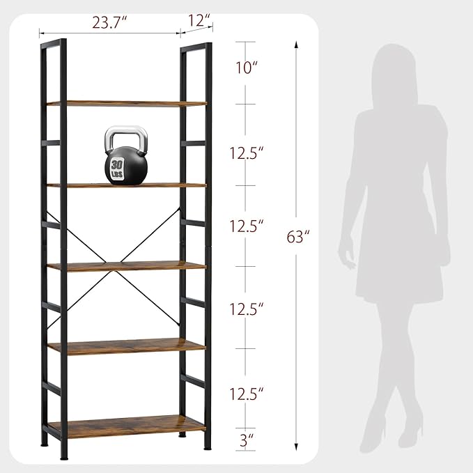5 Tier Bookshelf Industrial Ladder Shelf Open Display Storage Rack Wood Bookcase with Metal Frame, Freestanding Storage Shelves for Home Office, Living Room, Bedroom, Kitchen (Rust Brown)