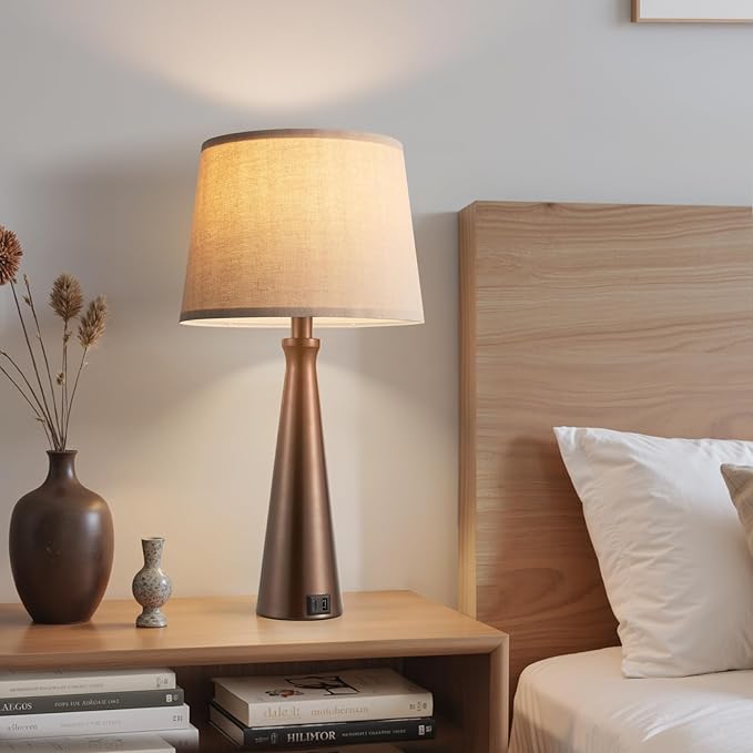Seealle Modern Table Lamps Set of 2 - Touch Bedside Lamp for Nightstand with USB C+A,3-Way Dimmable Brown Nightstand Lamps for Living Room Bedroom End Table with Oat Shade(Bulb Included)