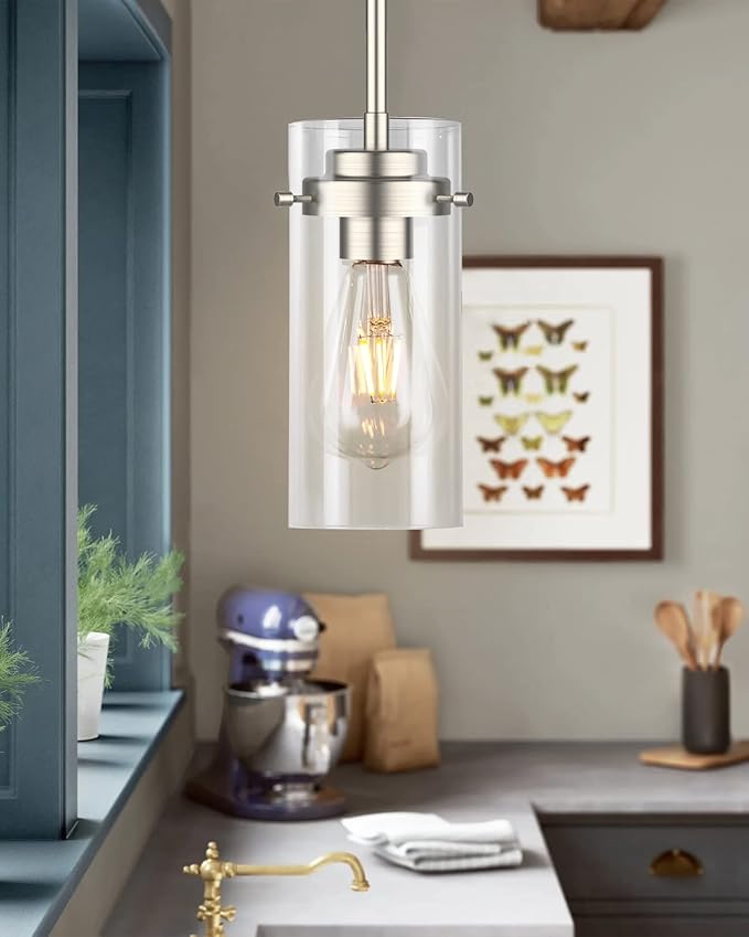 EAPUDUN Pendant Light (2 Packs), Kitchen Lights Ceiling Hanging, Kitchen Light Fixtures Brushed Nickel Finish, Farmhouse Pendant Lighting for Kitchen Island Room-PDA1353-B-BNK