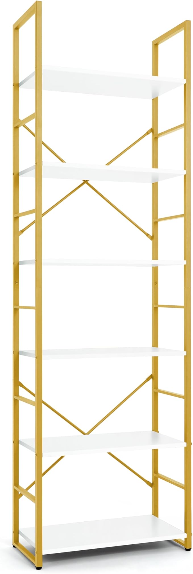 CAPHAUS 6 Tier Bookshelf, 24 Inch Width Free Standing Shelf, Bookcase Shelf Storage Organizer, Industrial Book Shelves for Home Office, Living Room, Kitchen, White Wooden Shelves & Gold Frame