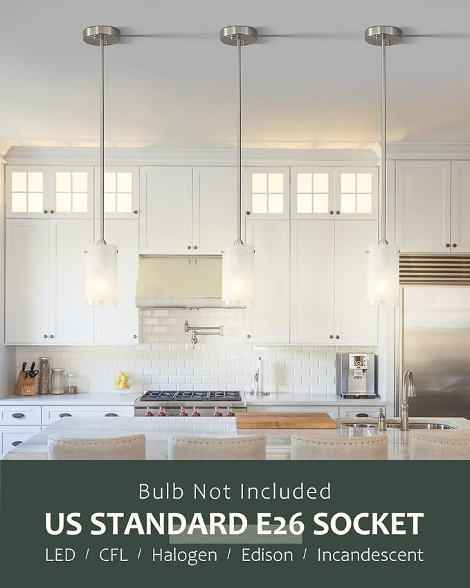 1-Light Mini Pendant Light Fixtures, Modern Chandelier Hanging Ceiling Light with White Frosted Shade, Brushed Nickel Pendant Lighting for Kitchen Bedroom Hallway, Adjustable Height, 2 Pack