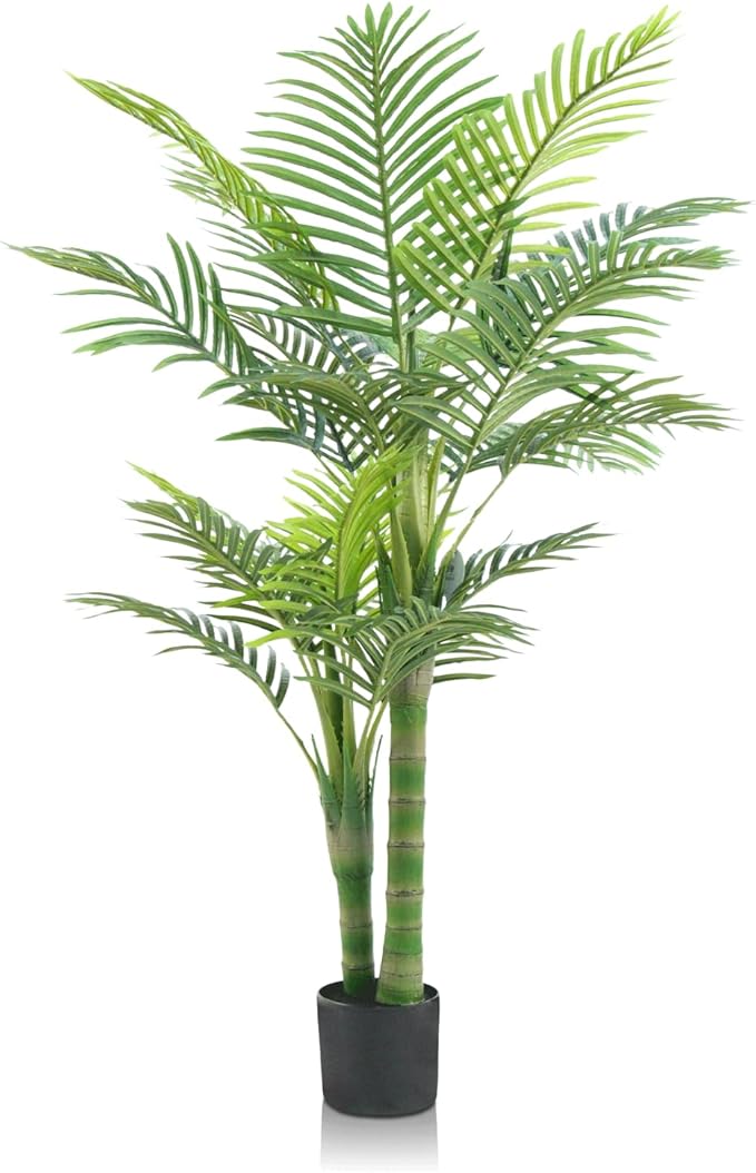 4FT Artificial Golden Cane Palm Tree – Realistic Faux Indoor & Outdoor Plant with Weighted Pot, UV Resistant & Easy Assembly Plastic Tropical Tree for Home or Office Décor