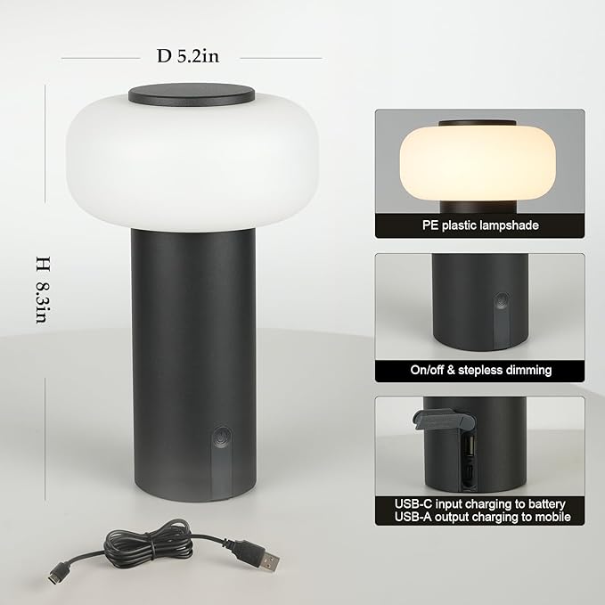 Shower Lamp Waterproof, Outdoor Cordless Table Lamp Rechargeable, Portable Battery Operated Lamp, Touch Dimmable Night Light for Bedroom/Patio/Dinning/Camping (Black)