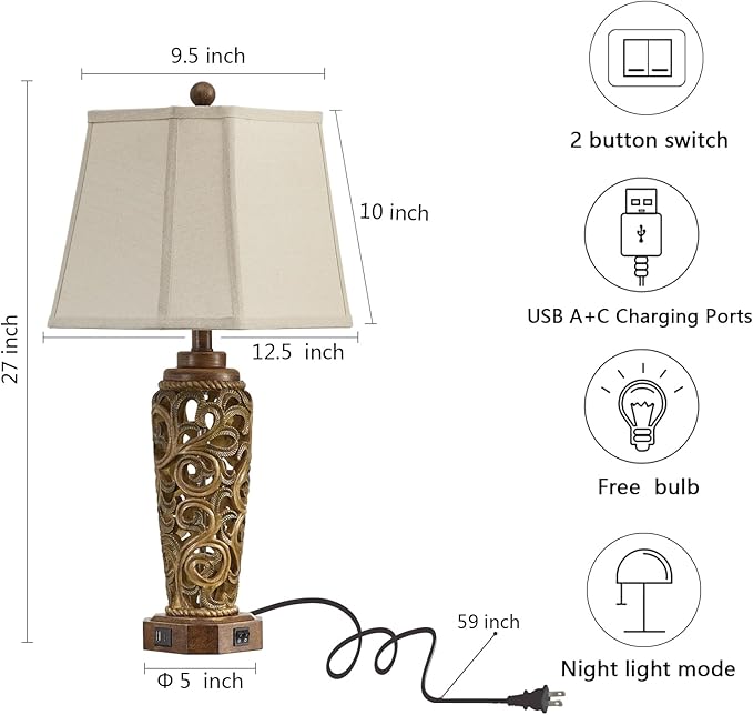 27" Set of 2 Farmhouse Table Lamps for Living Room Bedroom, Rustic Bedside Lamp with USB A+C Ports, Red Brown Resin Vintage Nightstand Lamps with Night Light, 2 Bulbs Include