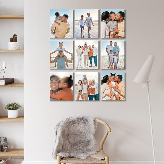 Renditions Gallery Set of 9, 11X14 Custom Photo Prints with Real Wood Picture Frames. Create Personalized Photos with Peel & Stick Photo Frames. Wrapped Canvas