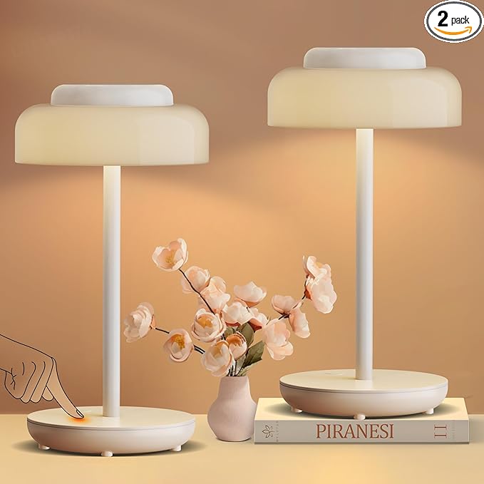 QiMH Battery Operated LED Table Lamp, 5000mAh Rechargeable Cordless Lamp Set of 2, Stepless Dimmable Touch Control, Small Waterproof Desk Night Light for Living Room, Bedroom, Outdoor Bar (White)