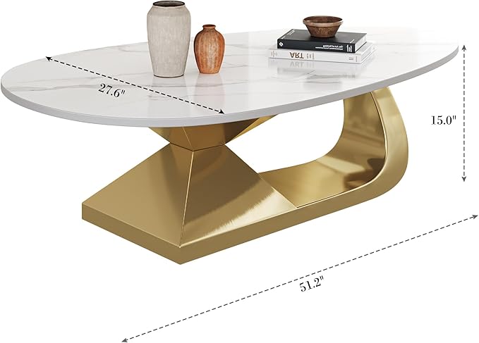 Modern Oval Sintered Stone Coffee Table, 51.2" White and Gold Rectangle Coffee Table with Faux Marble Top & Golden Geometric Stainless Steel Base, Rectangle Tea Center Table for Living Room