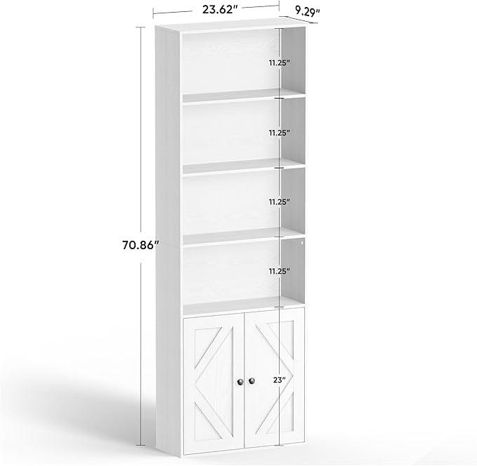 Tall Wooden Bookshelf with Cabinet and Doors,White Bookcase for Bedroom, Living Room, or Home Office Storage, 6 Shelves for Heavy Books & Organization