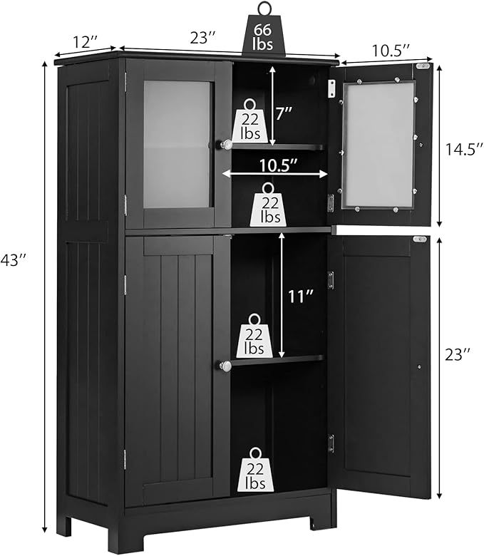 GOFLAME Bathroom Storage Cabinet, Freestanding Storage Cabinet with 4 Doors, Wooden Kitchen Cupboard with Adjustable Shelf, Buffet Sideboard, Multipurpose Home Organizer for Bathroom, Kitchen, Black