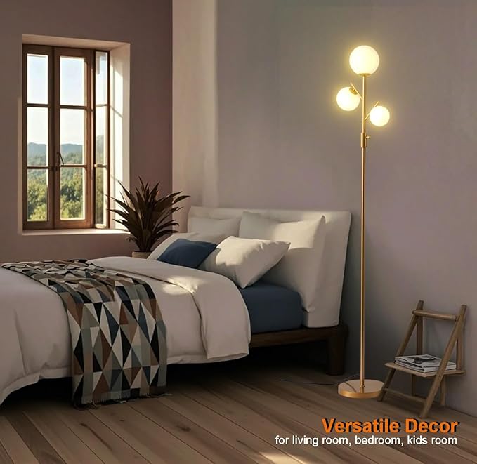 Fiqevs Upgraded Dimmable Globe Floor Lamp for Living Room, Mid Century Modern Gold Tree Floor Lamps with LED Bulbs, Elegant Standing Lamp for Bedroom Office Dining Room