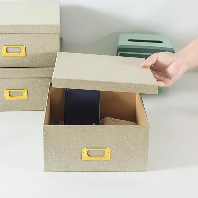 Soul & Lane Light Gray Kraft Paper Boxes for Storage, Set of 3 Square Stacking Boxes with Lids and Gold Label Holders, Decorative Photo Storage, Nesting Cardboard Containers for Organizing