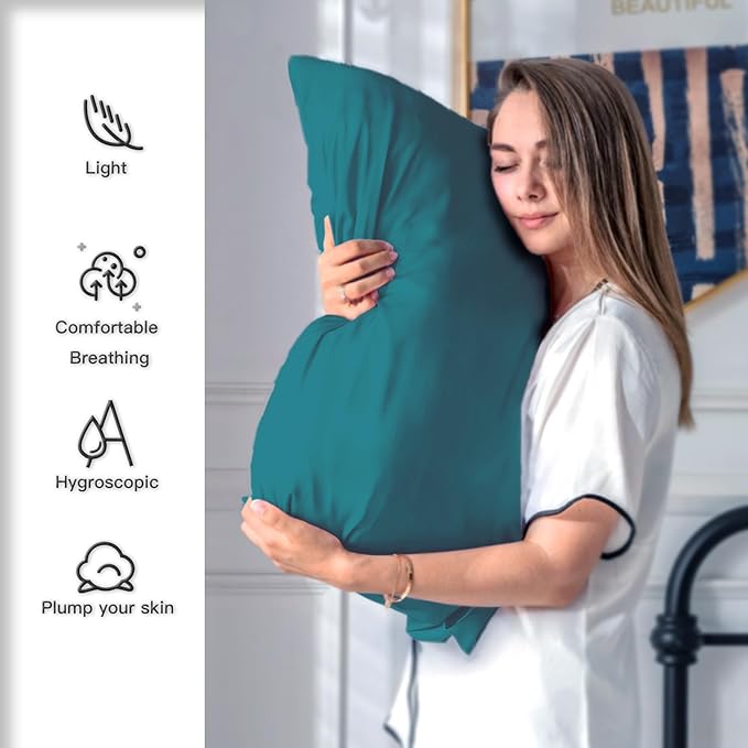 Mulberry Silk Pillow Cases Standard Size Silk Pillowcase with Zipper Soft Breathable Smooth Cooling Satin Silk Pillow Covers for Sleeping for Hair and Skin (Teal,20"X 26",1Pcs)