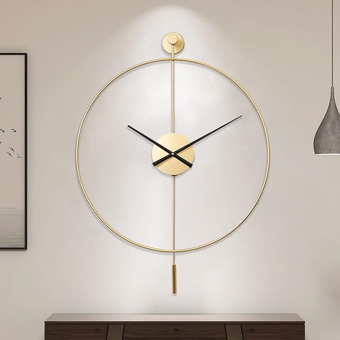 YISITEONE Classical Large Decorative Wall Clock with Pendulum, Modern Non-Ticking Silent Metal Wall Clocks for Living Room, Bedroom, Study, Office, 23.6" (Gold)