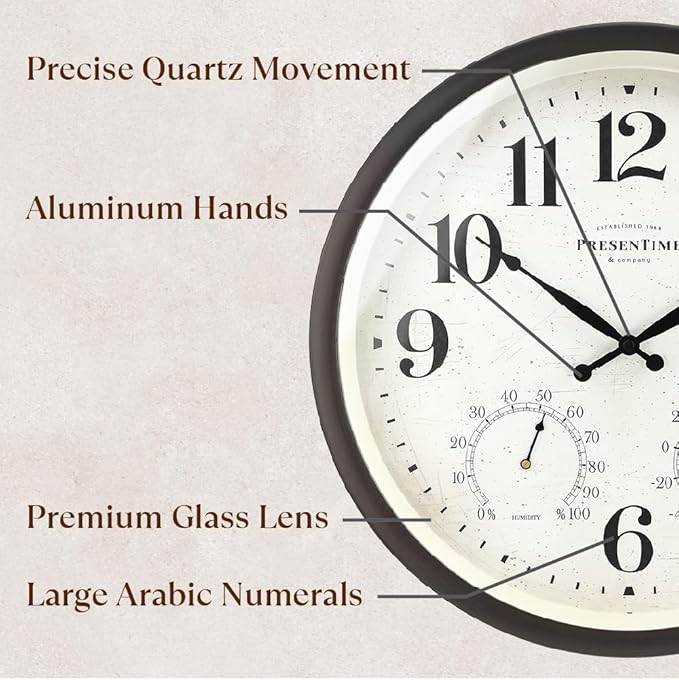 Presentime & Co 16" Farmhouse in/Outdoor Clock, Wall Clock & Weather Station, Weather Thermometer, Wall Décor and Timepiece for Farmhouse Decoration, Oil Rubbed Bronze Finish