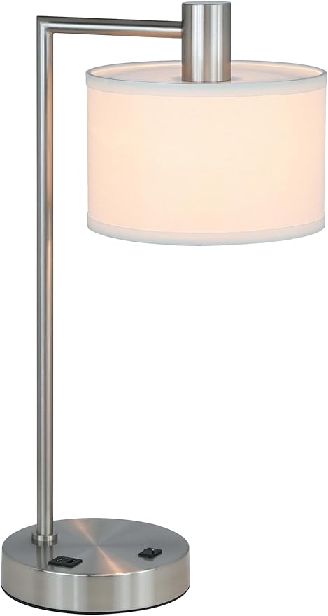 XiNBEi Lighting Table Lamp USB Desk Lamp with Fabric Shade, Modern Bedside Iron Lamp Brushed Nickel Finish for Bedroom Living Room & Office XB-TL1230-BN