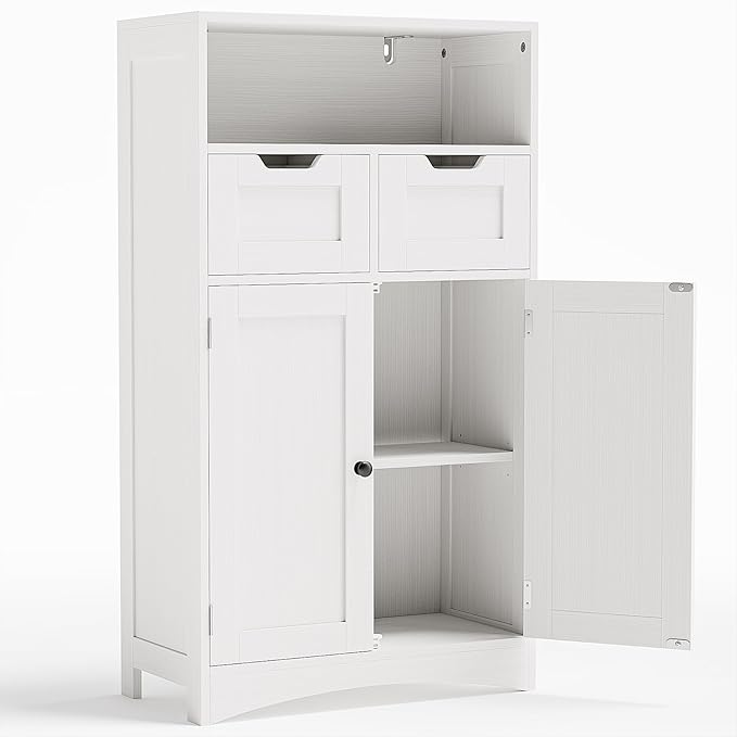 Gizoon Storage Cabinet, Bathroom Cabinet with 2 Drawers and Adjustable Shelves, Freestanding Storage Organizer with Doors for Bathroom, Living Room, Kitchen, Home Office, Hallway