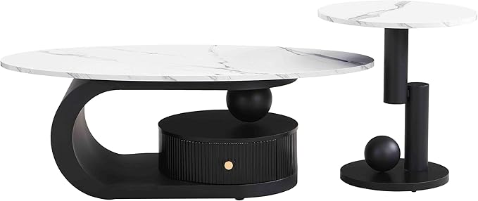 Marble Nesting Coffee Table Set of 2,Modern Oval Center Tea Table and Round Side Nightstand Set w/Drawer andFaux Marble Top and Metal Frame for Living Room Accent Furniture (Black White)