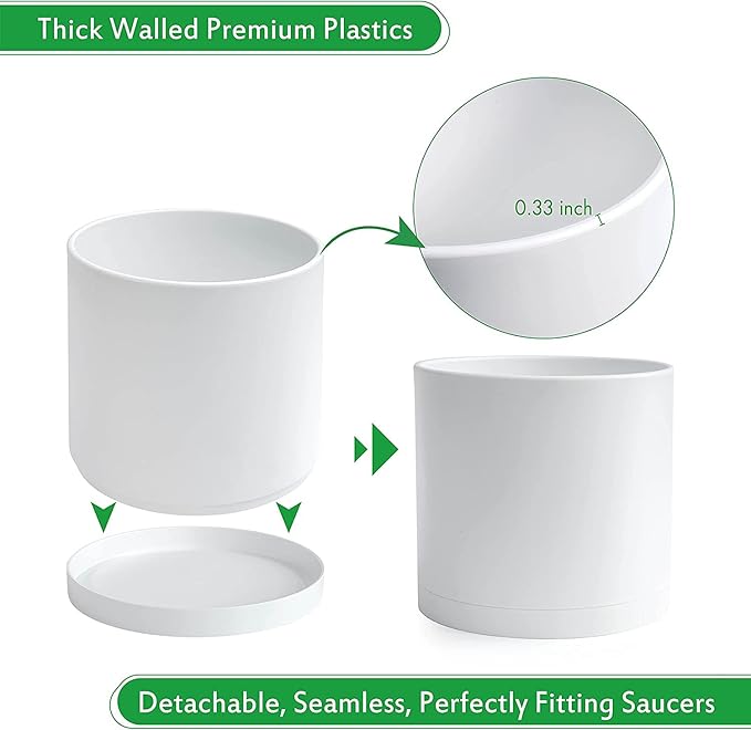 D'vine Dev 12 Inch Plastic Planter Pots for Plant Pot with Drainage Hole and Seamless Saucers, White Color, 74-X-A-3