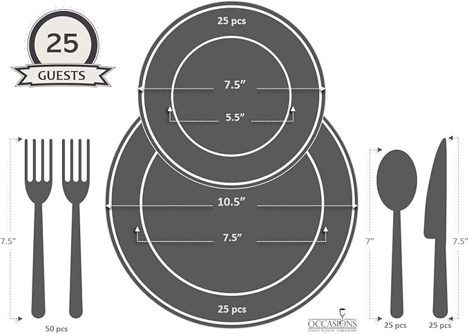 " OCCASIONS " 150pcs set (25 Guests)-Wedding Plastic Plates & cutlery -Disposable heavyweight Dinnerware 10.5'', 7.5'' + Silverware w/double fork (Plain Ivory)