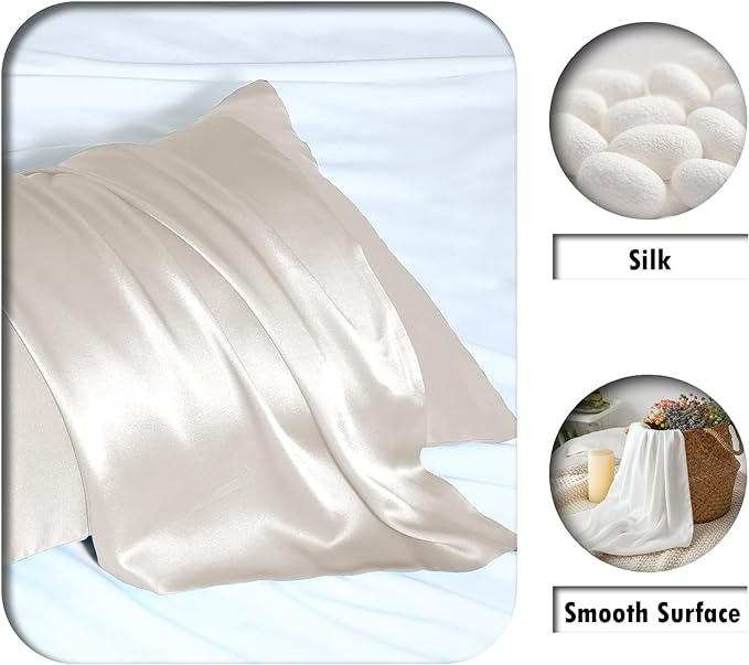 SUATIEN Breathable Mulberry Silk Pillowcase Set - Soft and Silky with Hidden Zipper (Beige, 20" x 26", 2 Pack)