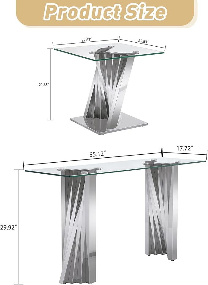 Glass 3 Piece Living Room Table Sets,3-Piece Table Set Includes 1 Console Coffee Table and 2 End Tables with Stainless Steel Frame,Modern Coffee Table Set of 3 for Living Room (Silver4)