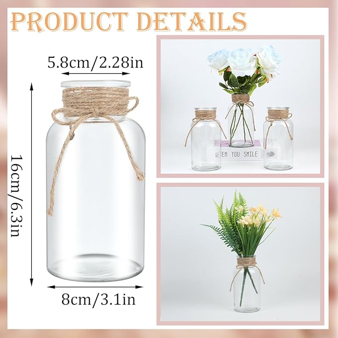 Vintage Glass Flower Vase，24 Pack Farmhouse Transparent White Glass Centerpiece Vases Mason Jars for Weddings, Parties & Home Decor Bulk (24, Transparent)