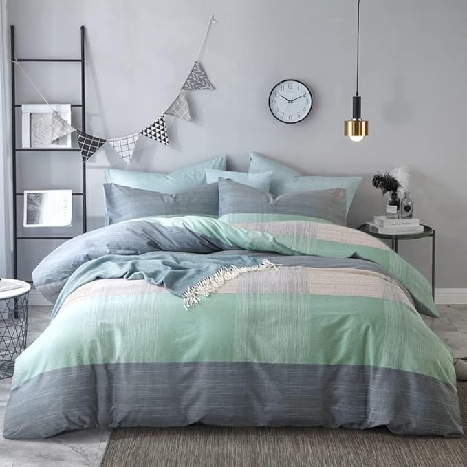 VM VOUGEMARKET Cotton Modern Duvet Cover Set Blue Green Multi-Dimensional Patchwork Design Simple Luxury Cool 3 Pieces King Bedding Set-No Comforter