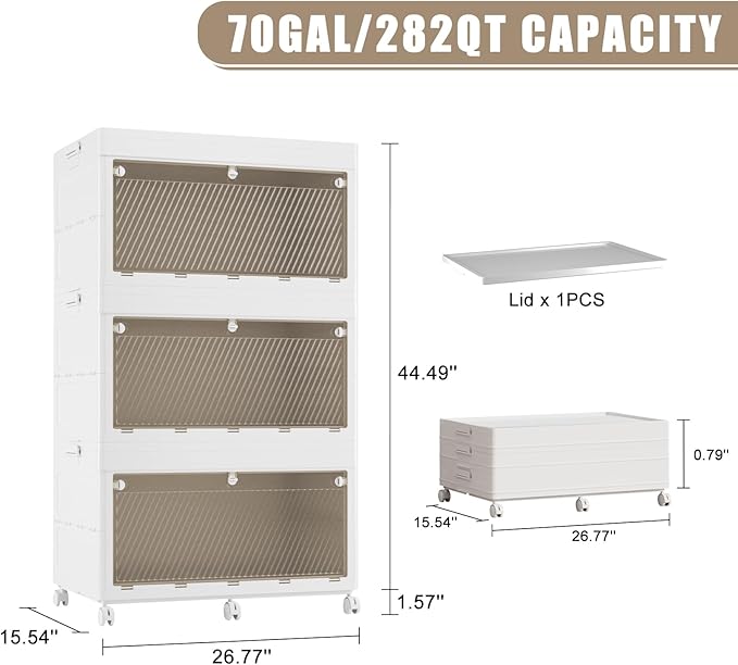 70gal / 282qt Stackable Storage Bins With Lids, 3-Tier Plastic Storage Bins With Wheel, Closet Organizers And Storage, Collapsible Storage Cabinet For Bedroom, Dorm Room, Study, Office