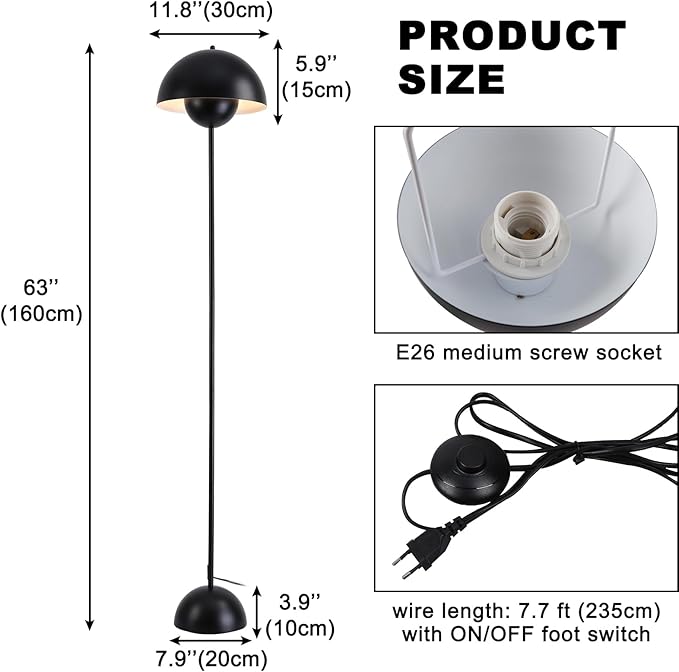 Modern Floor Lamp for Living Room, Industrial Tall Standing Lamp for Bedroom, Metal Shade Reflecting Light Reading Floor Lamp for Office, Nursery Room, Corner(Black)
