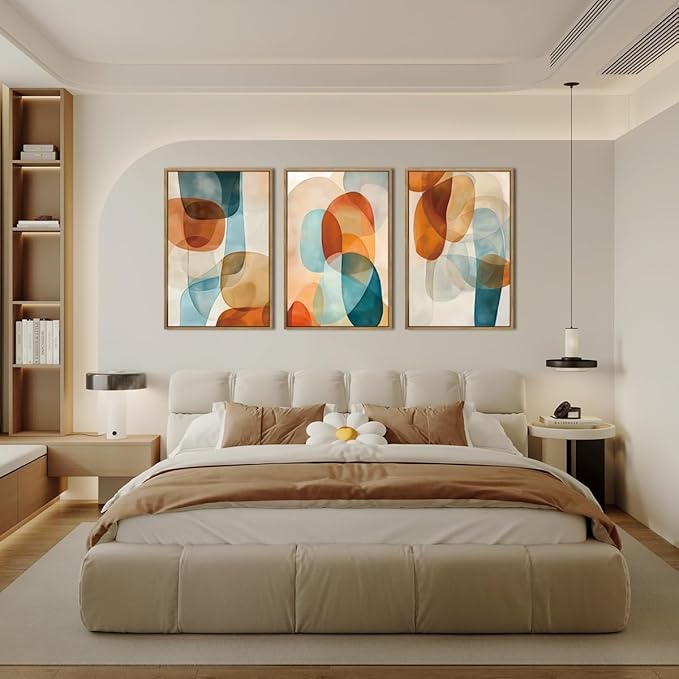 Large Abstract Color Block Framed Canvas Wall Art,Boho Orange and Blue Ovals Wall Decor,Modern Colorful Shape Artwork,Watercolor Geometric Art Print for Living Room,Bedroom,Office- 24"x36"x3