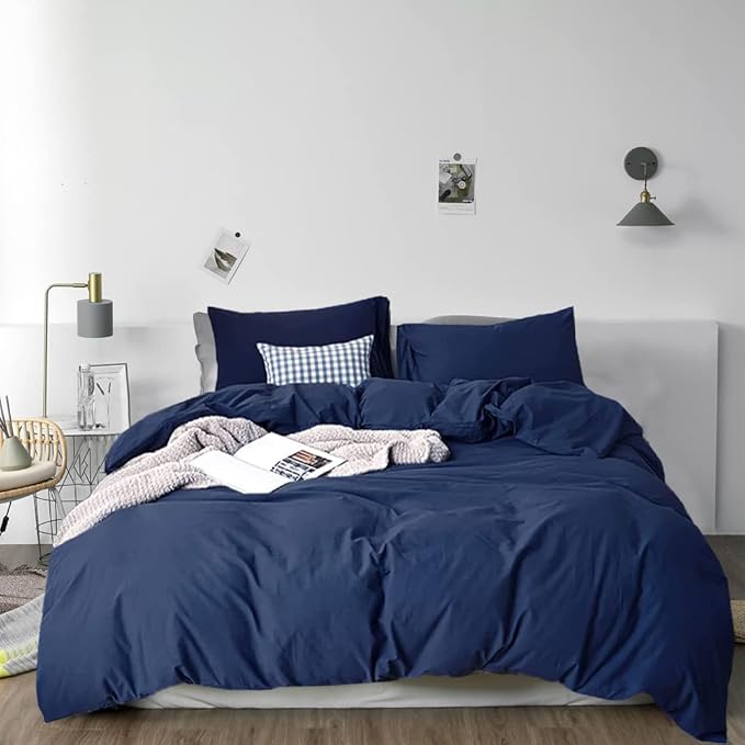 Pureant Navy Blue Comforter Full Set Dark Blue Bedding Comforter Set Solid Navy Full Blanket Quilts Men Women Cotton Blue Full Size Comforter Breathable Soft Navy Blue Comforter with 2 Pillowcases