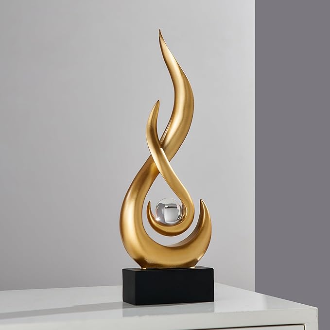 FJS Gold Decor Modern Flame Statue Home Decorations for Living Room, 11.8" H Shelf Decor Accents, Abstract Art Resin Sculpture for Dining Room Office Coffee Table Centerpiece