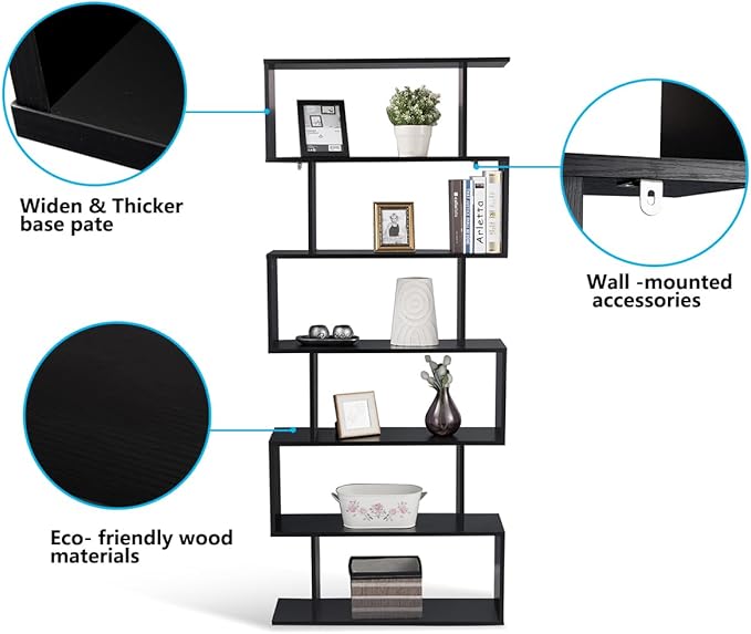 Tangkula 6-Tier Geometric Bookcase, Modern S-Shaped Storage Display Bookshelf for Living Room, Anti-Toppling Device, Home Office Wooden 6 Shelf Open Bookcase (2, Black)