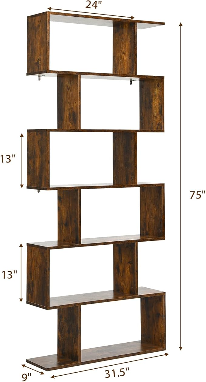 Tangkula 6-Tier Geometric Bookcase, Modern S-Shaped Storage Display Bookshelf for Living Room, Anti-Toppling Device, Home Office Wooden 6 Shelf Open Bookcase (1, Coffee)