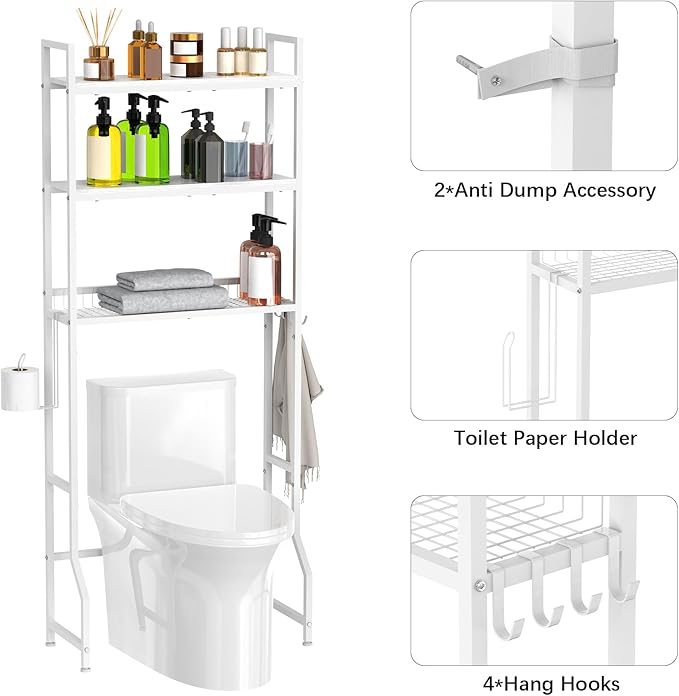 Over Toilet Storage 3 Tier Bathroom Organizer Over Toilet Above Toilet Storage Rack Freestanding Bathroom Space Saver Over Toilet Bathroom Organizer White for Restroom, Laundry, Wooden