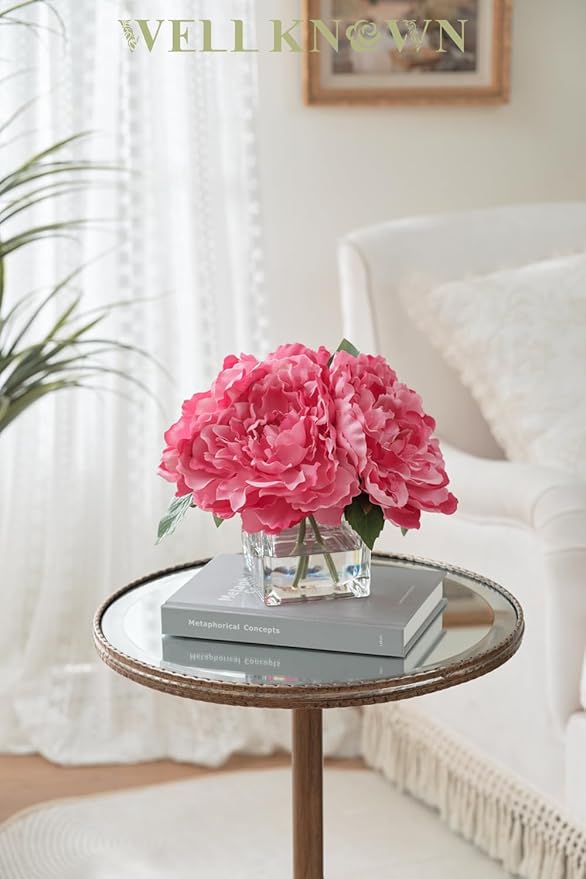 Artificial Peonies Flowers Arrangements in Cube Glass Vase, WELLKNOWN Silk Flower Centerpieces for Dining Room Table, Coffee Table Decor, Faux Peony Flowers with Faux Water (Fuchsia)