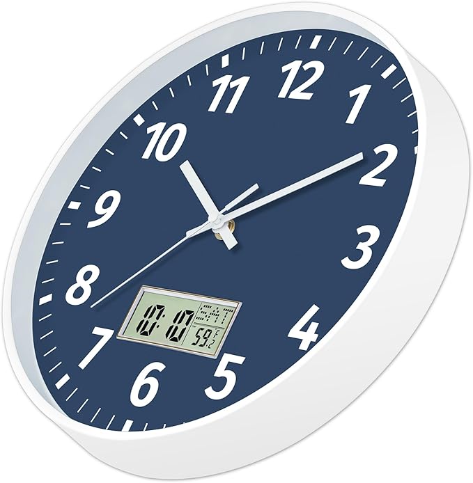 Foxtop Digital Wall Clock with Time, Day of Week and Temperature, Silent Non-Ticking Battery Operated Round Digital and Analog Wall Clock for Classroom Office Bedroom Home School (12 Inch, Blue)