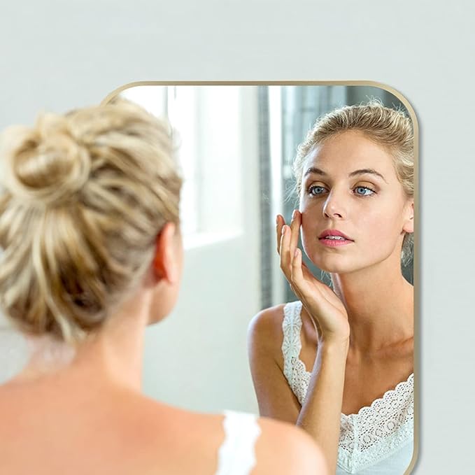 40x30 Inch Gold Bathroom Mirror, Brushed Brass Gold Metal Framed Rectangular Mirror with Rounded Corner, Bathroom Vanity Mirror for Bedroom or Living Room, Horizontal/Vertical