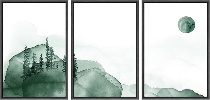 SIGNWIN 3 Piece Framed Canvas Wall Art Green Watercolor Landscape with Moon Nature Wilderness Illustrations Abstract Traditional Home for Living Room,Bedroom - 16"x24"x3 Black