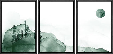 SIGNWIN 3 Piece Framed Canvas Wall Art Green Watercolor Landscape with Moon Nature Wilderness Illustrations Abstract Traditional Home for Living Room,Bedroom - 16"x24"x3 Black