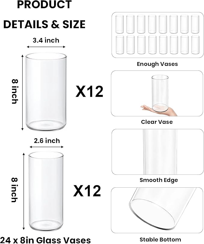 24 Pack 8 Inch Glass Vases, Clear Glass Vase Bulk Flower Cylinder Vases for Centerpieces Table Home Wedding Decorations