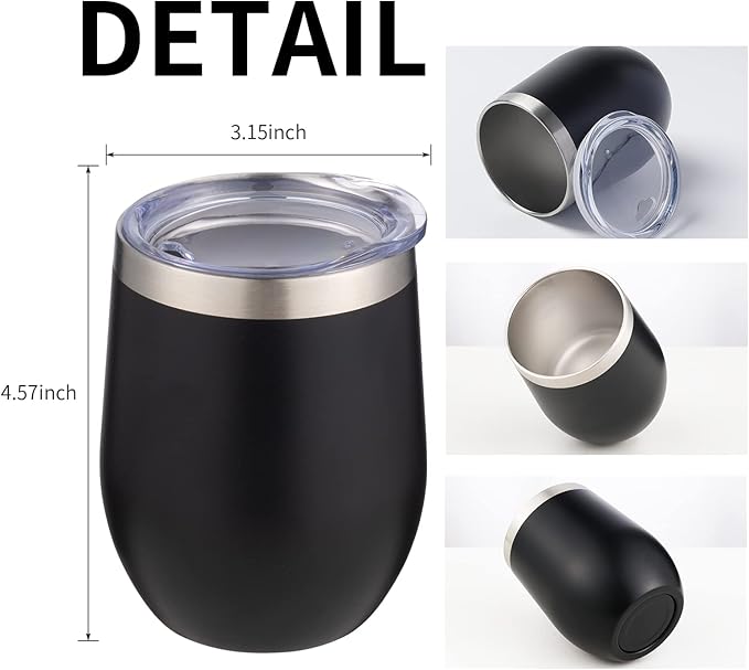 12oz/4 Pack Wine Tumbler Glasses with Lid Stemless Double Wall Vacuum Stainless Steel Travel Tumbler Keeping Cold & Hot for Wine,Coffee,Cocktails,Drinks-Family and Gifts (Black)