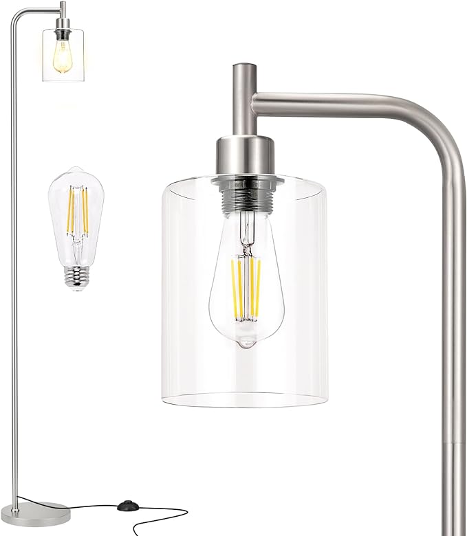 Floor Lamps for Living Room - Industrial Standing Lamp with Glass Shade, Modern Floor Lamp with LED Bulbs, Tall Lamp for Bedroom Office - Brushed Nickel