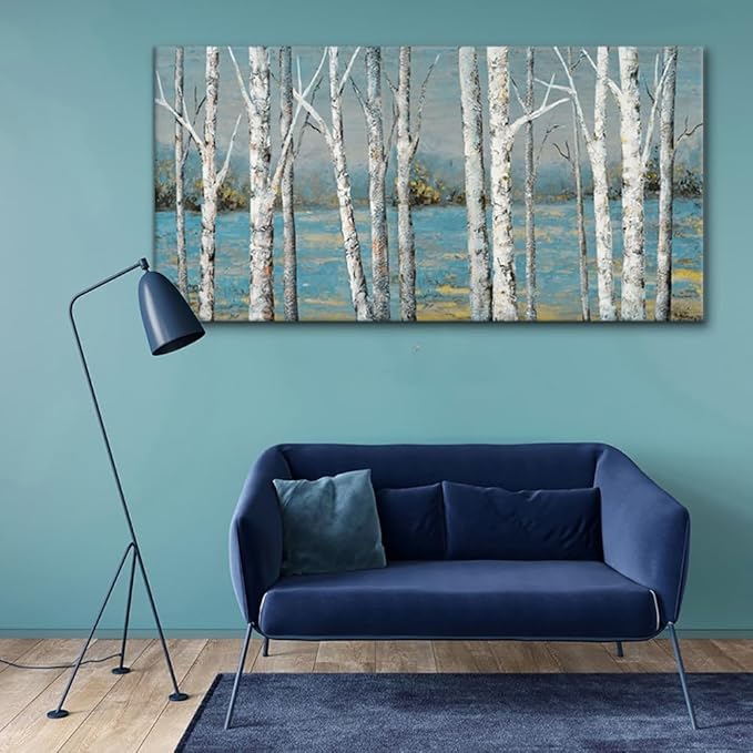 Country Birch Woods Wall Art for Living Room Office Navy Blue Forest Canvas Painting Prints Rustic Artwork Dining Room Bedroom Decor (20x40 Inches)